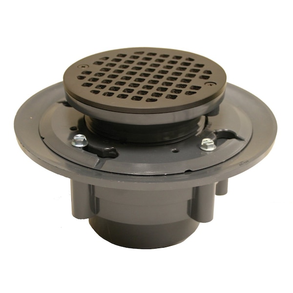 Jones Stephens 3inX4in Heavy Duty PVC Shower Drain with 3-1/2in PVC Spud and 5in Round Oil Rubbed Bronze Strainer D4984RB - main